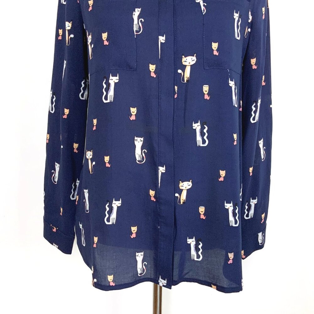 Whimsical Cat Print Navy Button Down Rayon/Viscose Shirt Blouse Sz M - Picture 4 of 16